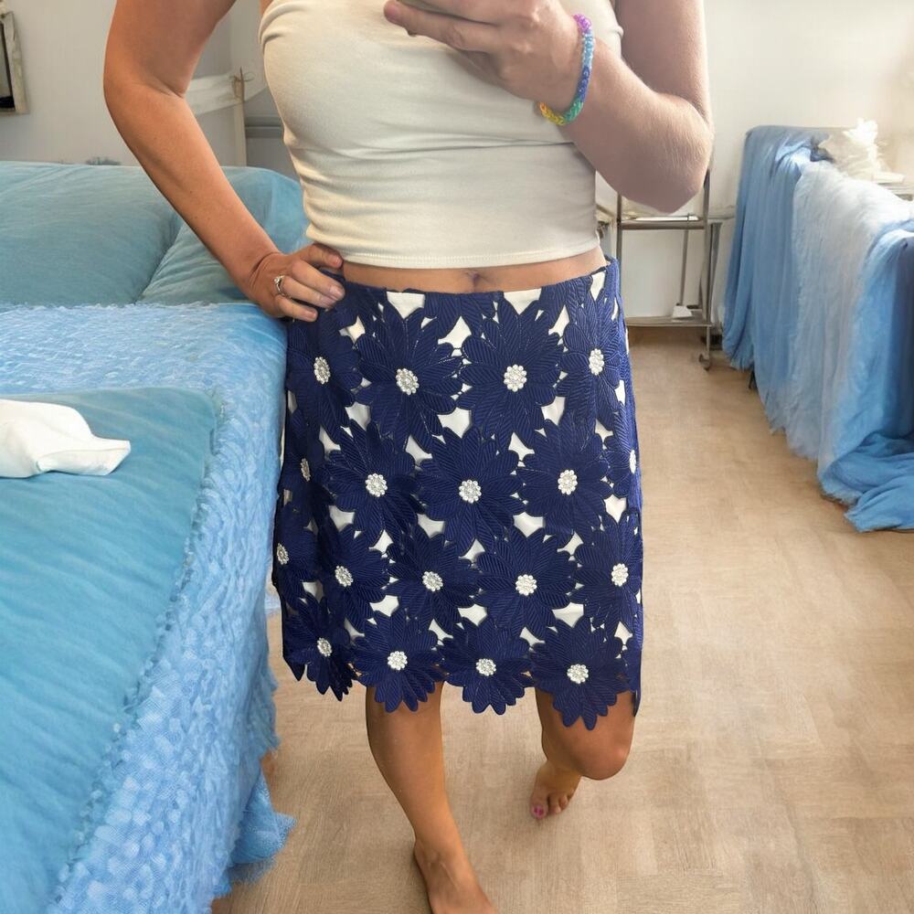 Hutch Navy Blue Floral Midi Skirt with White Accents